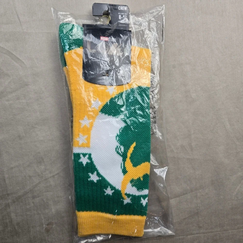 Marvel Studios Loki‎ Crew Socks Green Gold Stars Men Shoe Size 8-12 Bioworld NEW